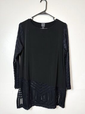 Clara Sun Woo Black Perforated Sleeve + Trim Tunic Blouse Size Small